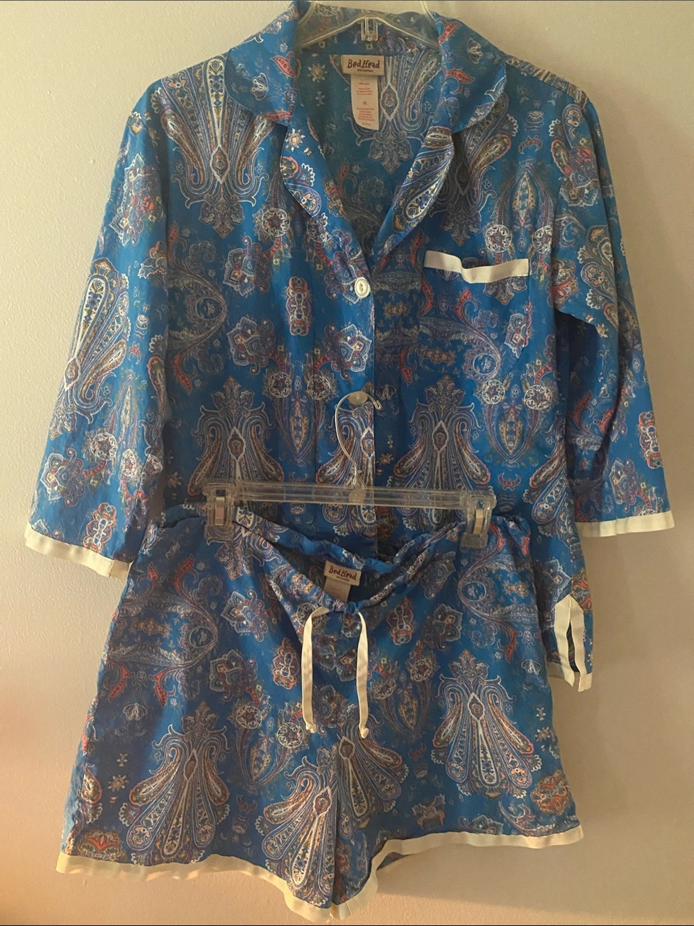 BedHead Blue Paisley Button-Up Pajama set , top and shorts